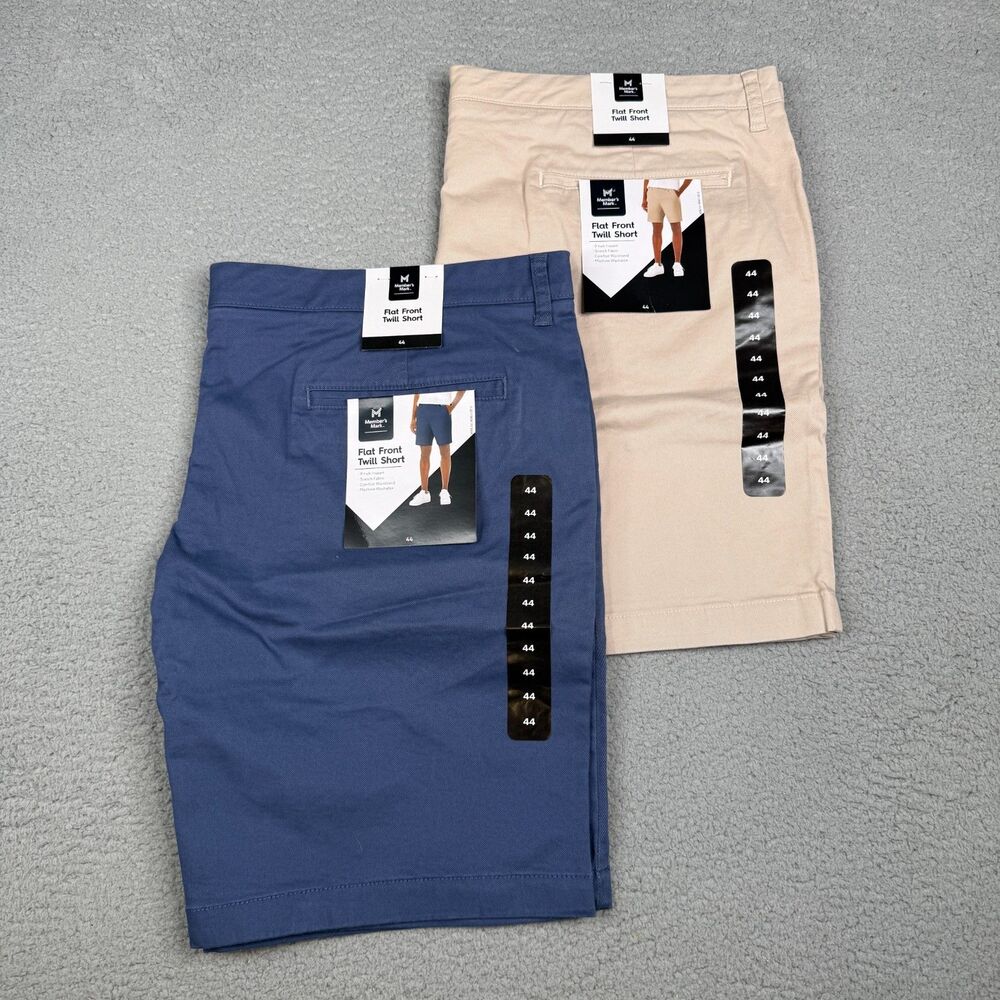 Members Mark Flat Front Twill Shorts Mens 44 Lot 2 Khaki Blue Stretch Cotton NWT